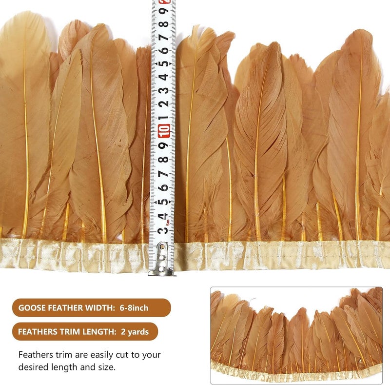 MAOFENG 2 Yards Natural Goose Feathers Trim Sewing Fringe Fashion Dress Sewing 6-8inch for DIY Handicrafts Costumes Decoration,Brown - Image 2
